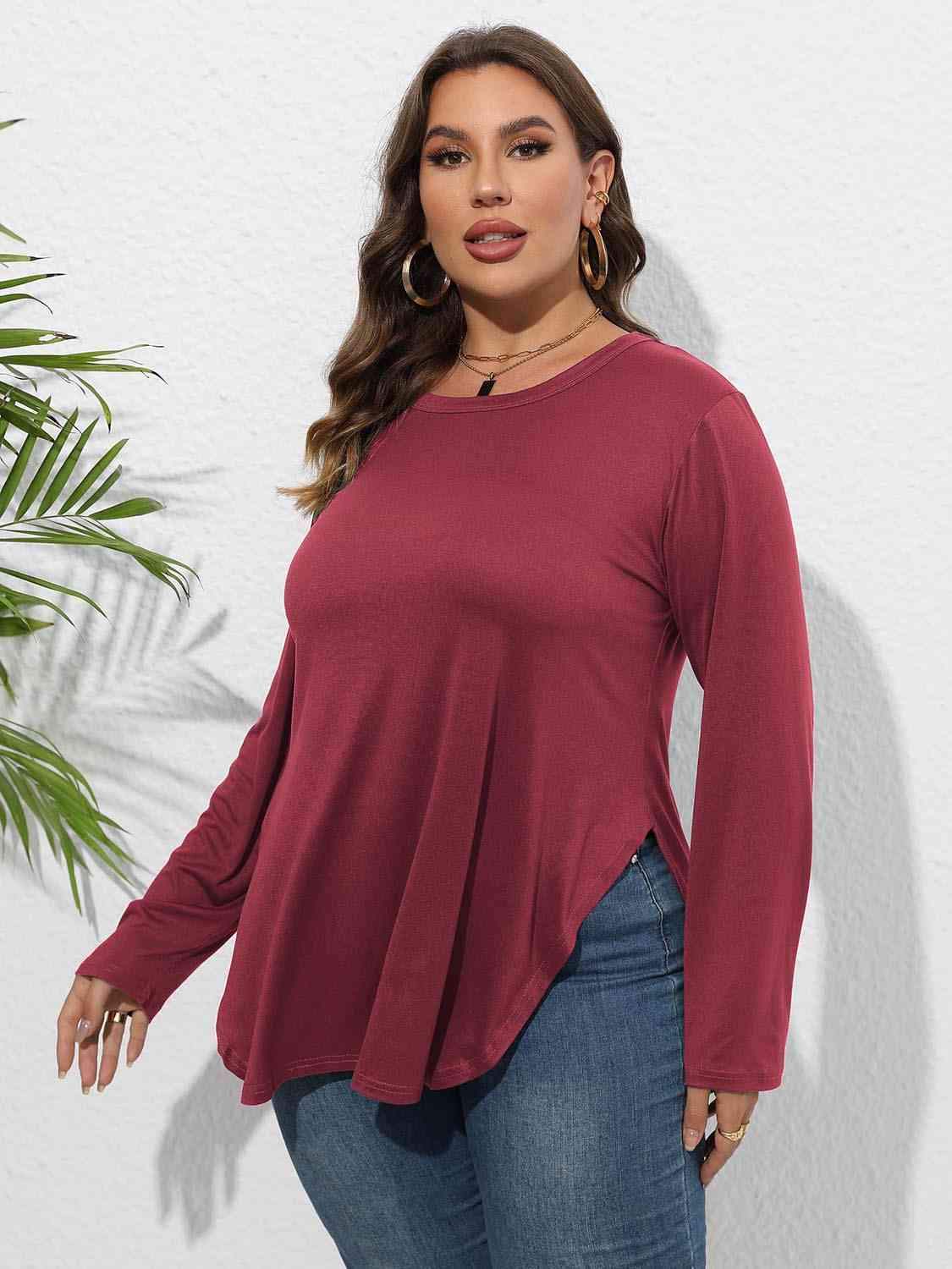 Plus Size Round Neck Long Sleeve Slit T-Shirt Women's T-Shirts - Tophatter Daily Deals