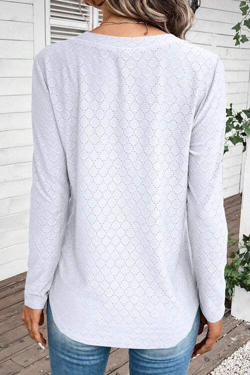Eyelet V-Neck Long Sleeve T-Shirt Women's T-Shirts - Tophatter Daily Deals