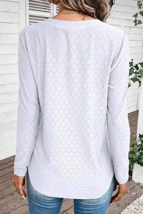 Eyelet V-Neck Long Sleeve T-Shirt Women's T-Shirts - Tophatter Daily Deals