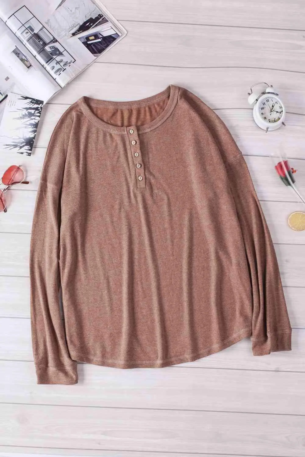 Long Sleeve Henley Top Camel Blouses - Tophatter Daily Deals