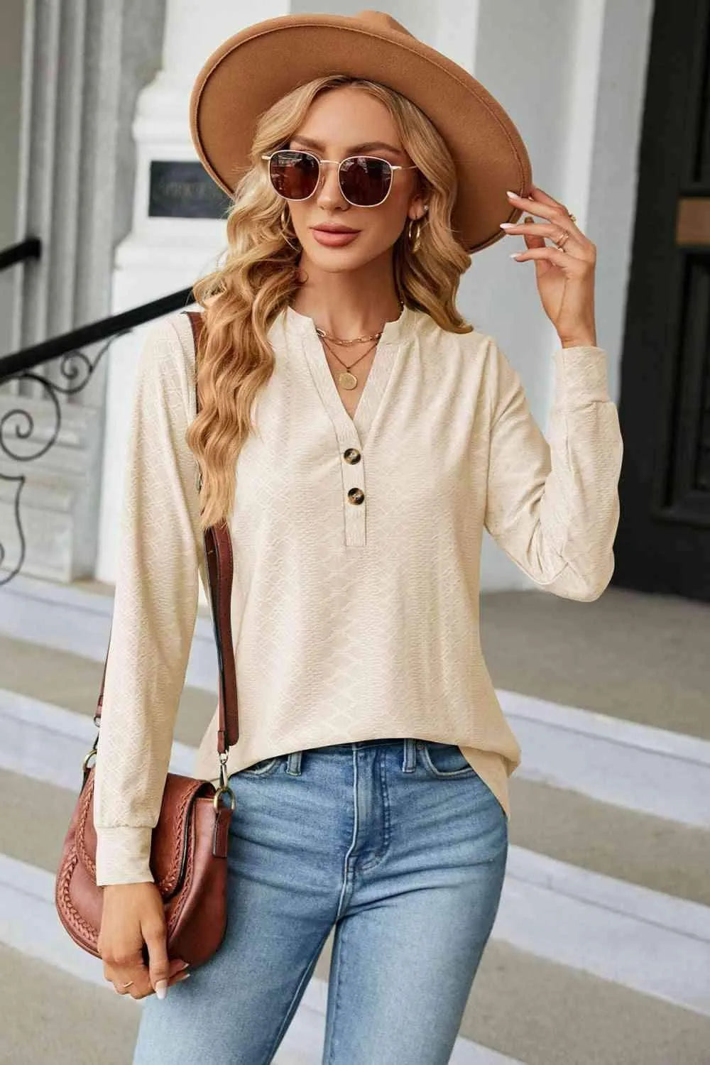 Notched Neck Long Sleeve Buttoned Blouse Cream Blouses - Tophatter Daily Deals