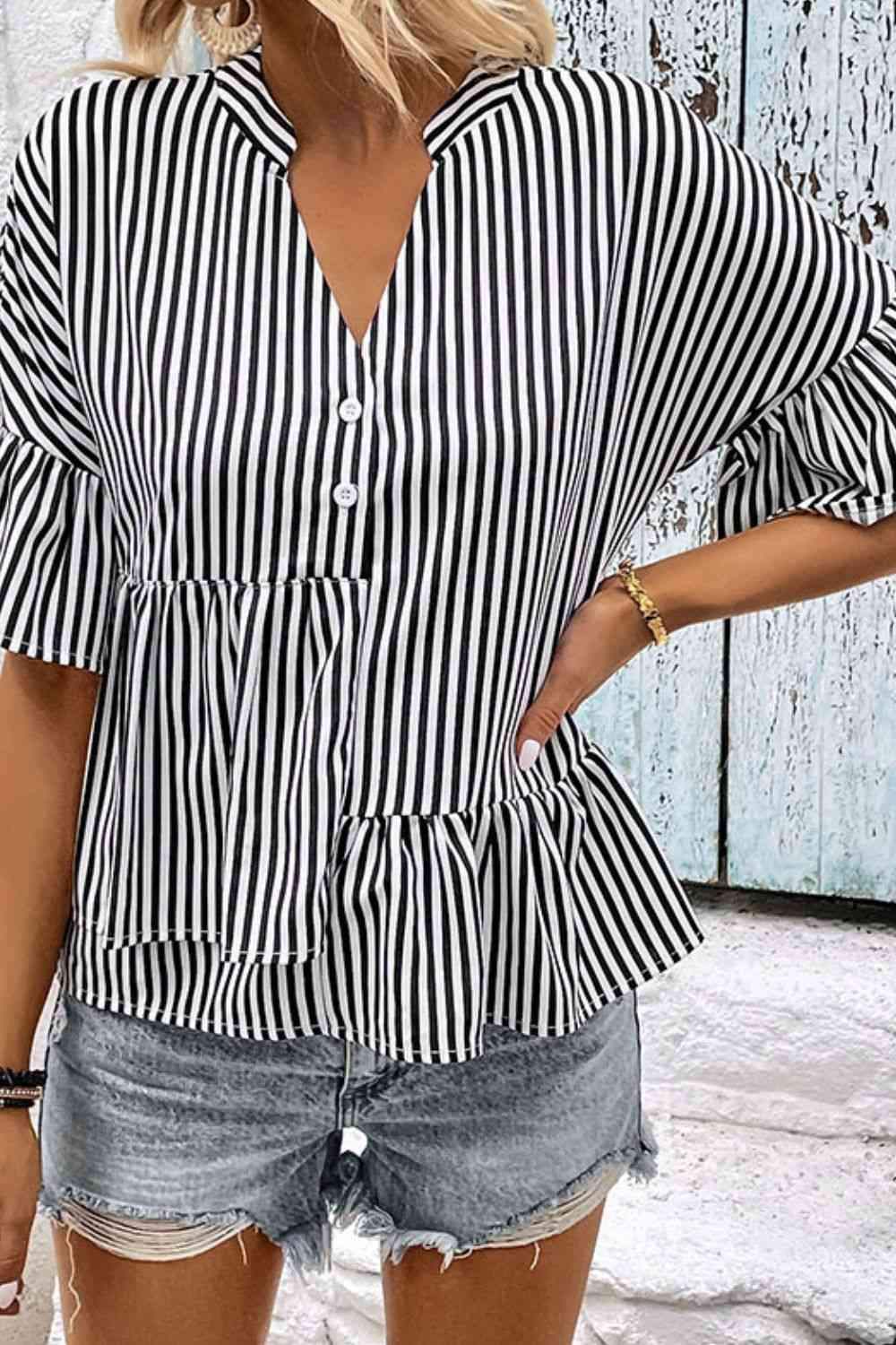 Striped Asymmetrical Flounce Sleeve Blouse Blouses - Tophatter Daily Deals