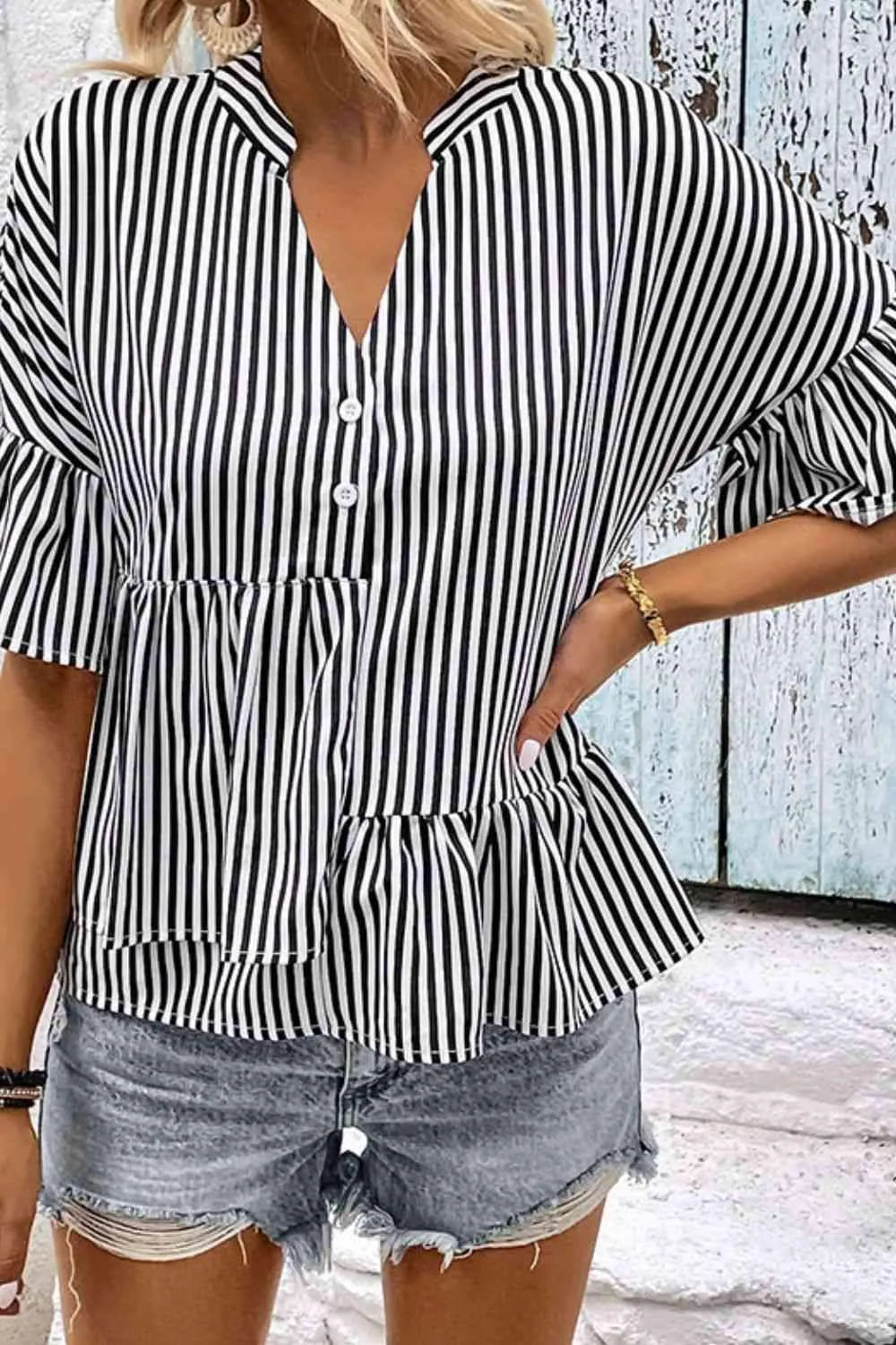 Striped Asymmetrical Flounce Sleeve Blouse Blouses - Tophatter Daily Deals