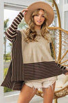 BiBi Striped Contrast Long Sleeve Slit Top Blouses - Tophatter Daily Deals