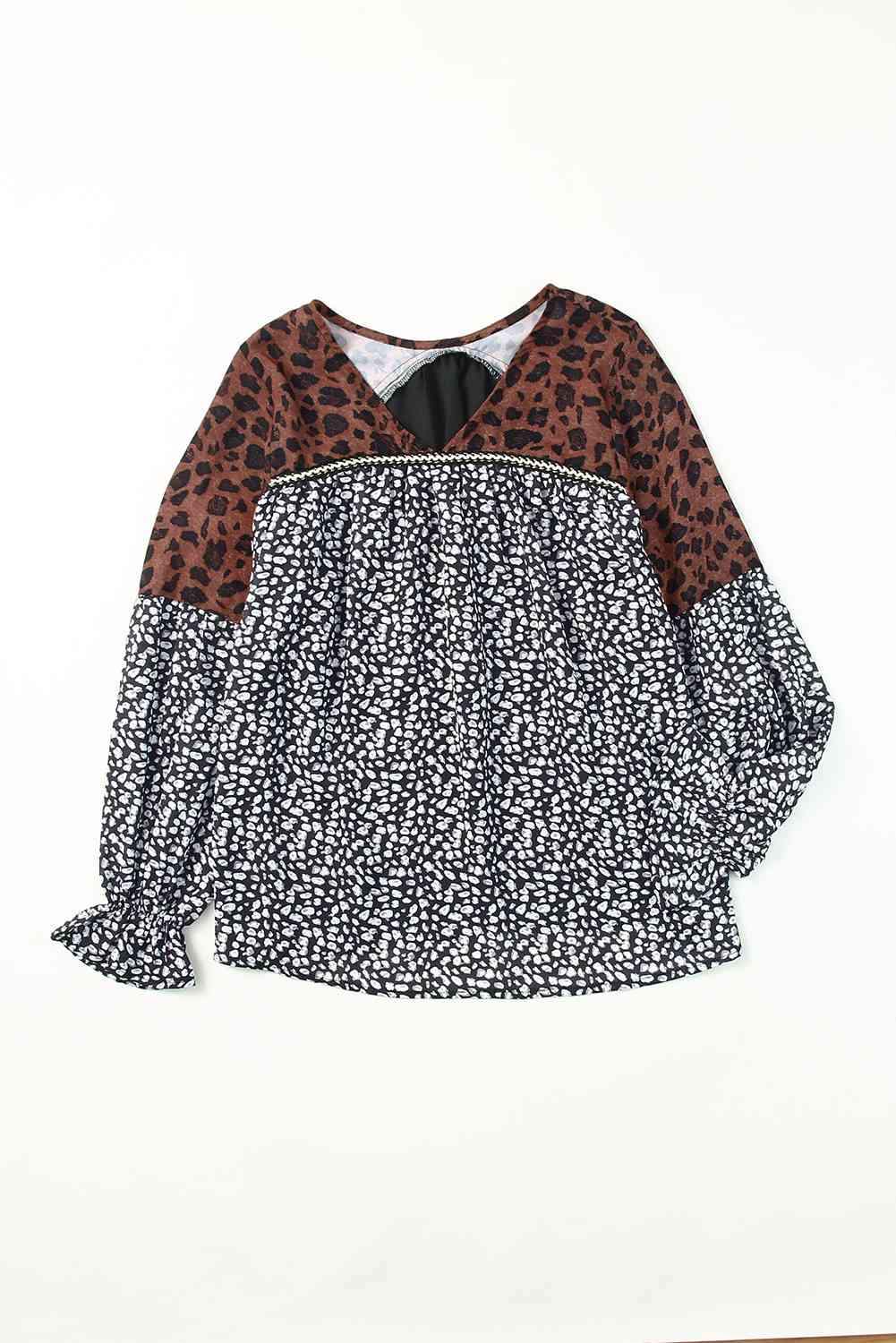 Animal Print Color Block V-Neck Flounce Sleeve Blouse Blouses - Tophatter Daily Deals