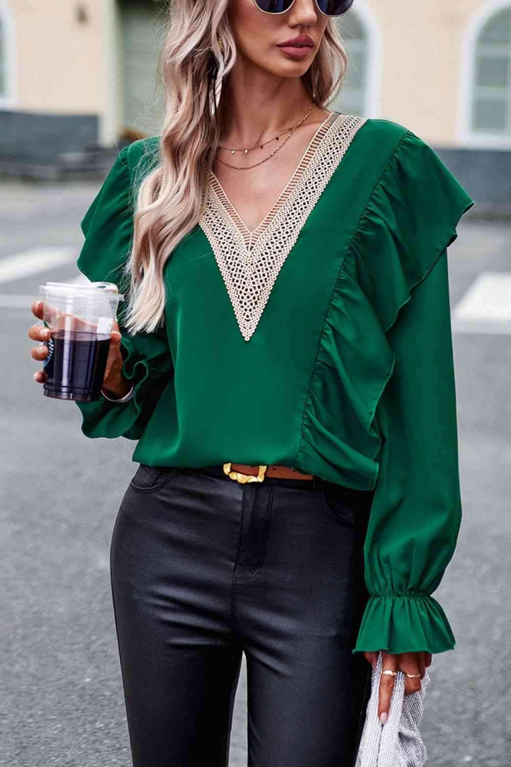 V-Neck Flounce Sleeve Ruffle Trim Blouse Green Blouses - Tophatter Daily Deals