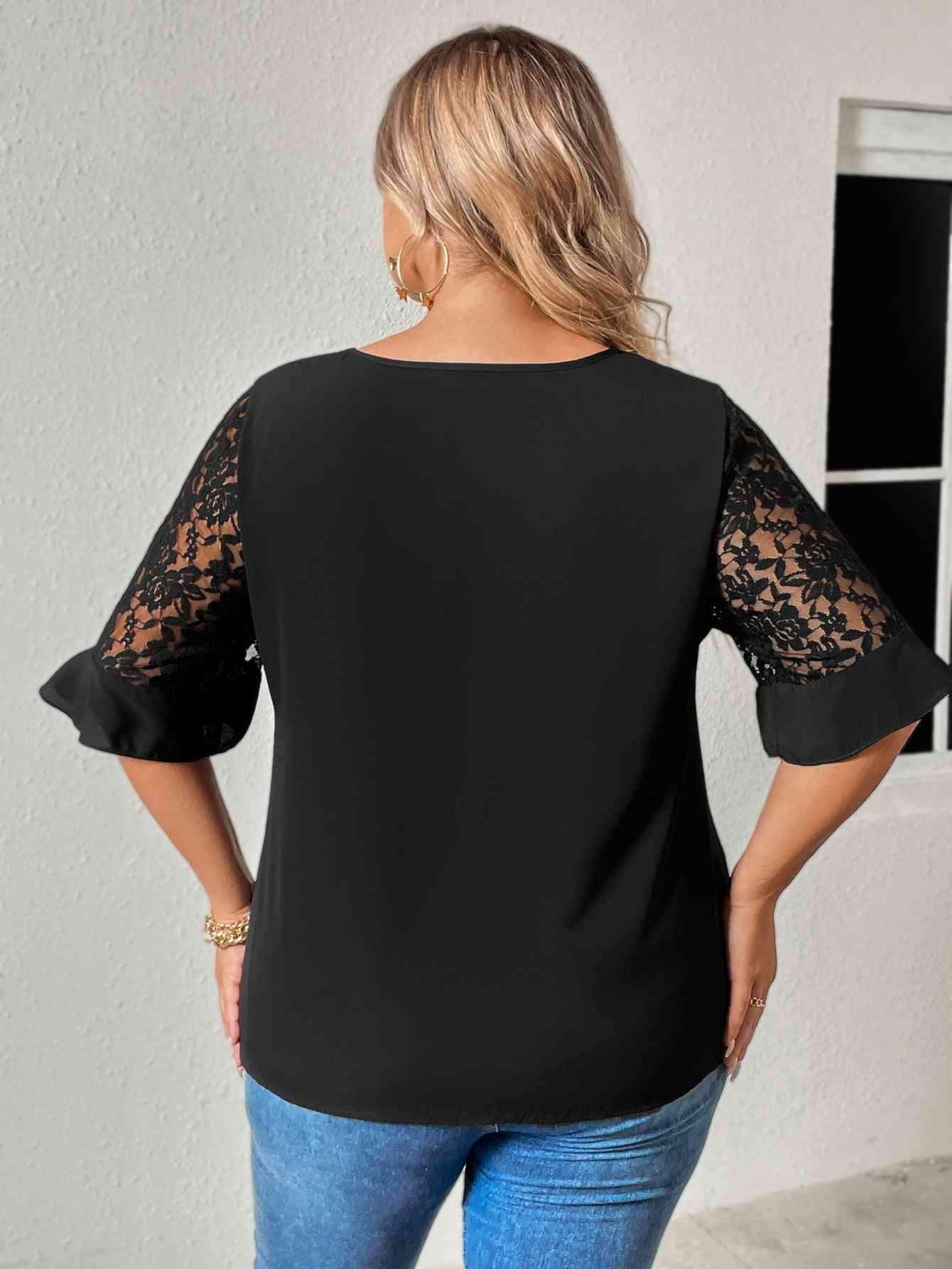 Plus Size Cutout Round Neck Spliced Lace Flounce Sleeve Blouse Blouses - Tophatter Daily Deals