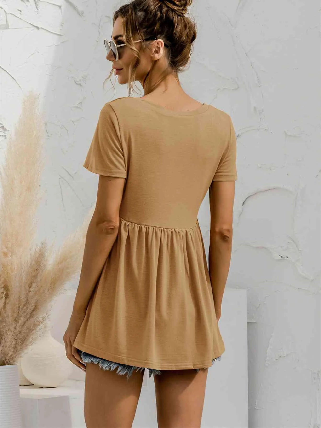 V-Neck Short Sleeve Babydoll Top Blouses - Tophatter Daily Deals