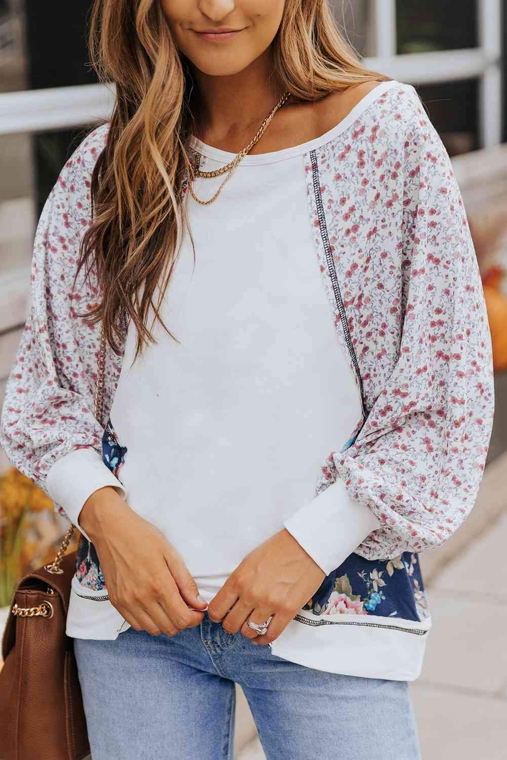 Floral Lantern Sleeve Round Neck Top Blouses - Tophatter Daily Deals