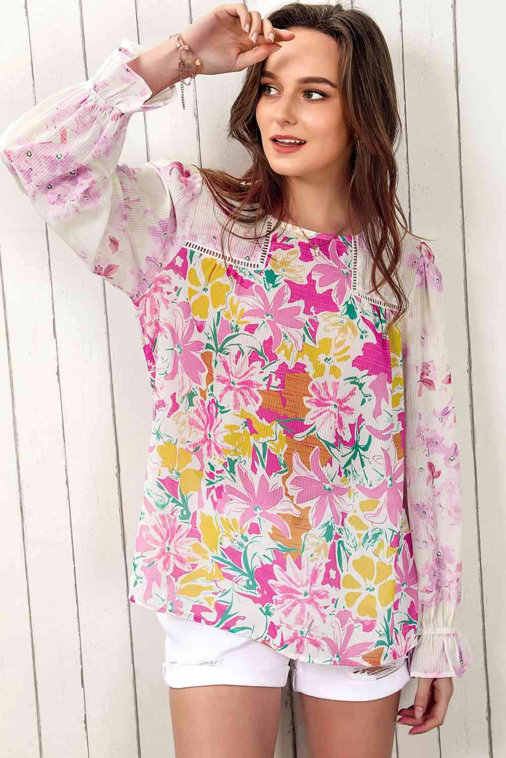 Double Take Floral Round Neck Flounce Sleeve Blouse Blouses - Tophatter Daily Deals