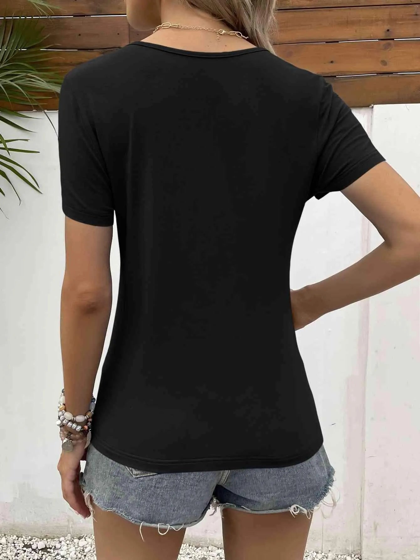 Lace Trim V-Neck Short Sleeve Blouse Women's T-Shirts - Tophatter Daily Deals