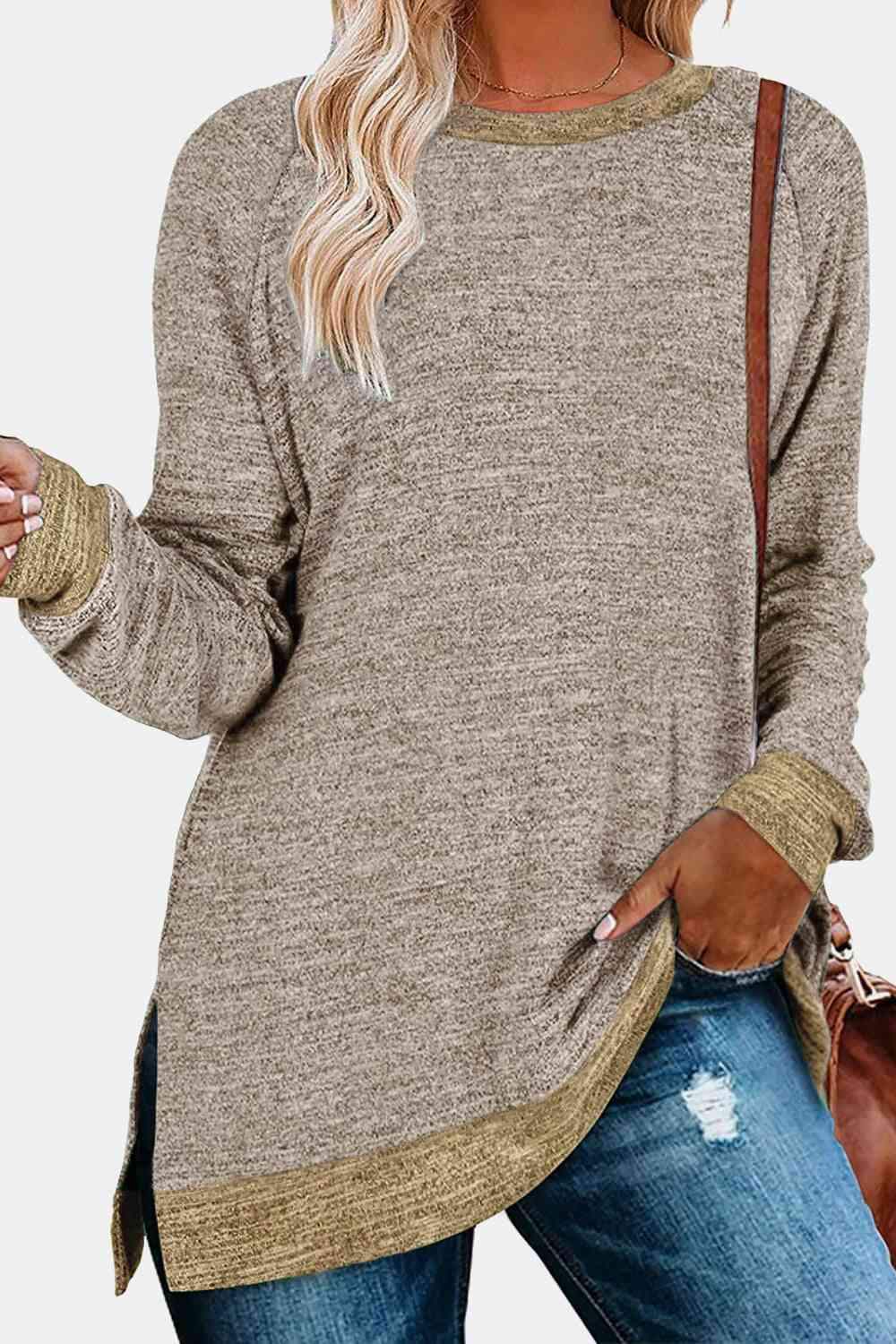 Round Neck Long Sleeve Slit T-Shirt Tan Women's T-Shirts - Tophatter Daily Deals