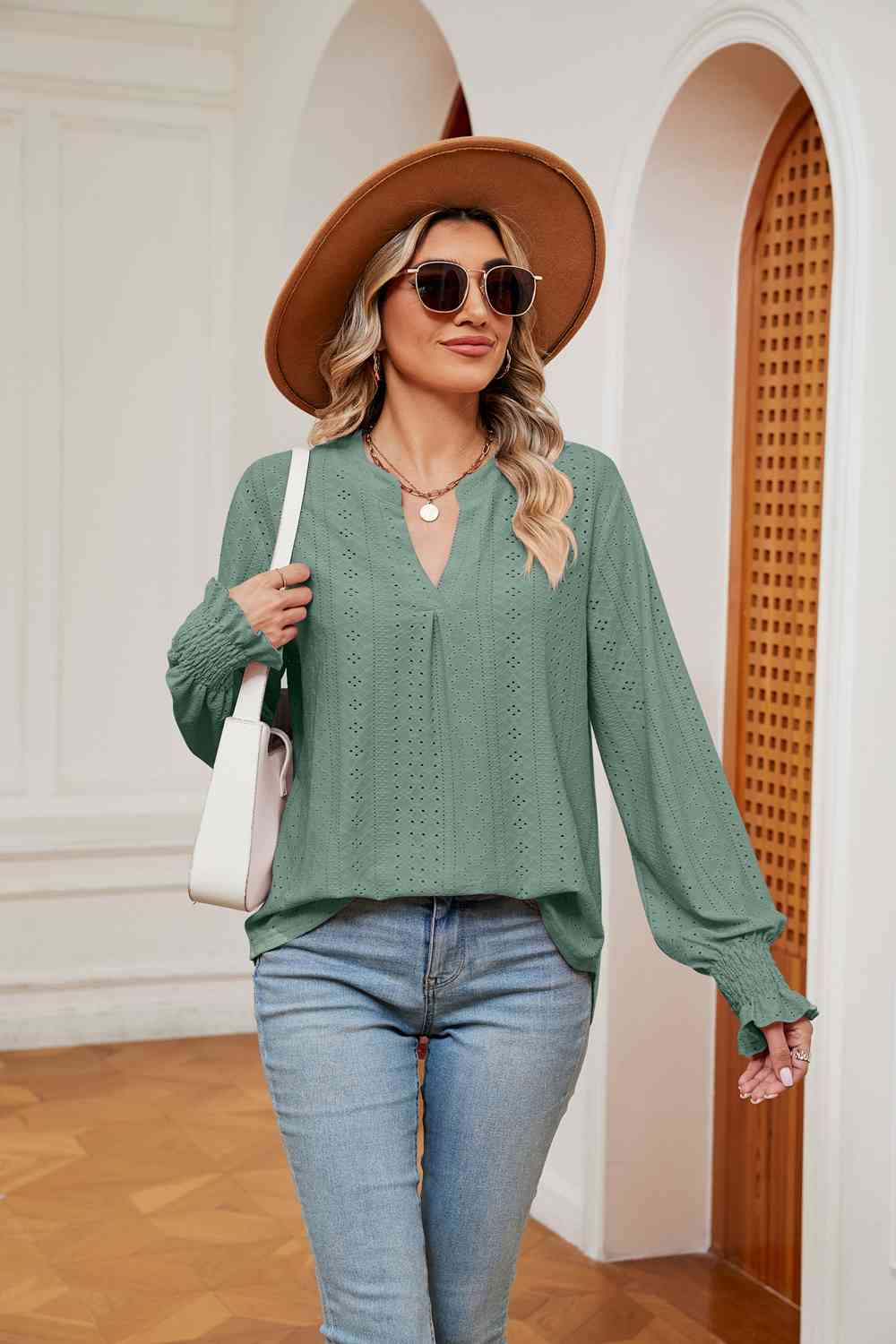 Notched Neck Flounce Sleeve Blouse Gum Leaf Blouses - Tophatter Daily Deals