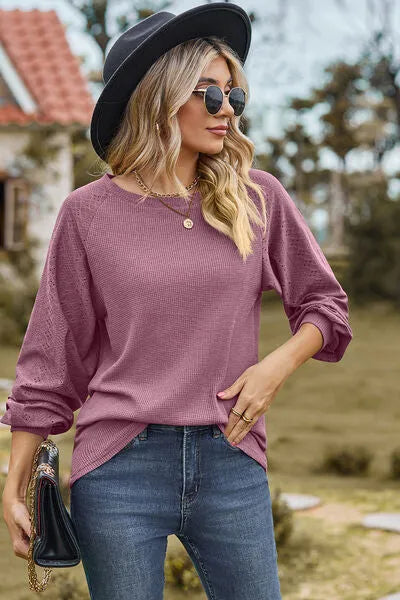 Eyelet Round Neck Long Sleeve T-Shirt Women's T-Shirts - Tophatter Daily Deals