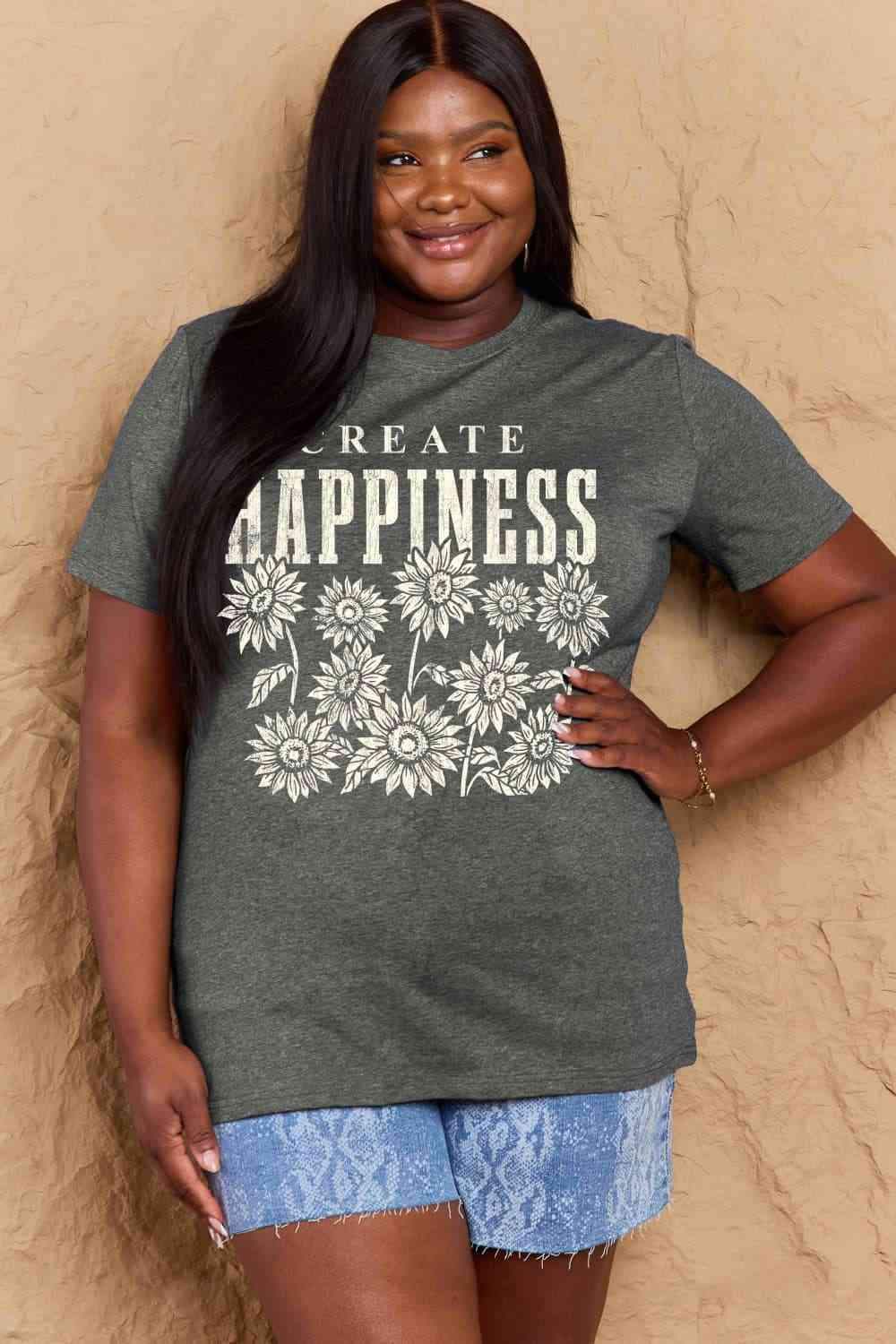 Simply Love Full Size CREATE HAPPINESS Graphic Cotton T-Shirt Women's T-Shirts - Tophatter Daily Deals