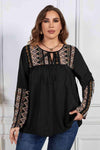 Melo Apparel Plus Size Printed Round Neck Tie Front Blouse Black Blouses - Tophatter Daily Deals