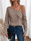 Printed Asymmetrical Neck Long Sleeve Top Camel Blouses - Tophatter Daily Deals