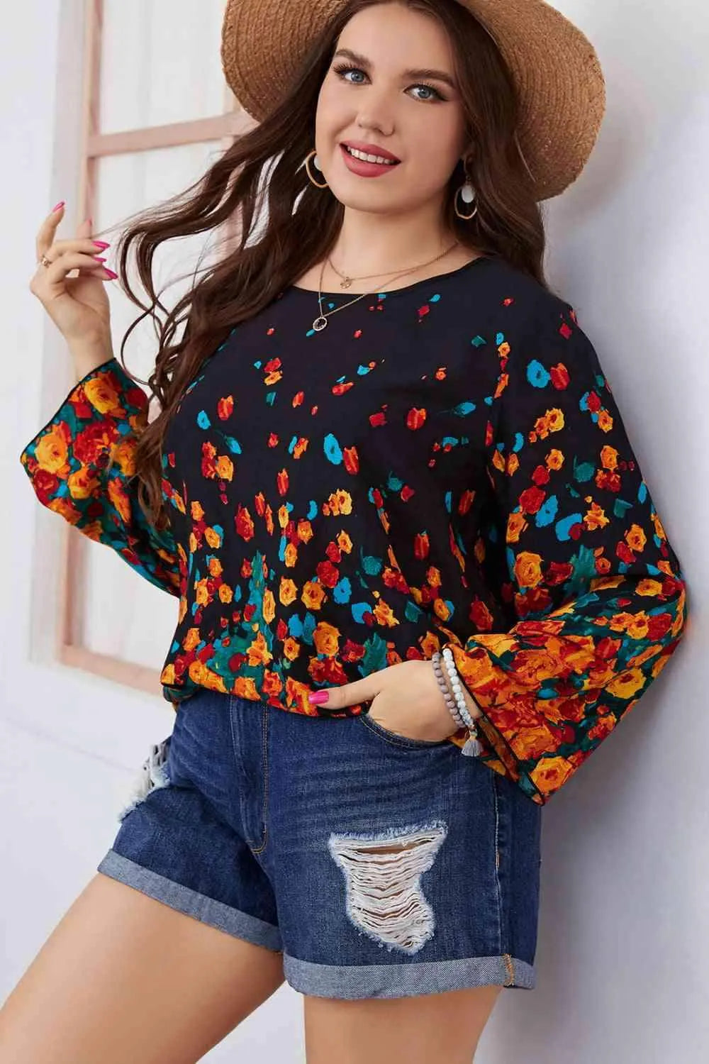 Melo Apparel Plus Size Floral Round Neck Long Sleeve Blouse Black Blouses - Tophatter Daily Deals