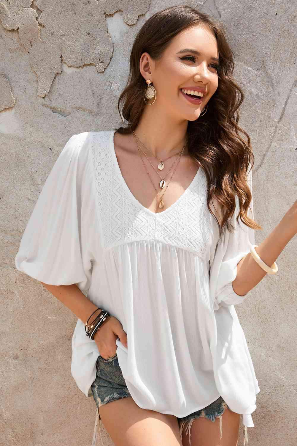 Double Take V-Neck Half Sleeve Blouse with Pockets Blouses - Tophatter Daily Deals