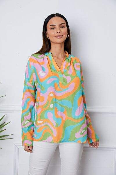 Printed Notched Long Sleeve Blouse Multicolor Blouses - Tophatter Daily Deals