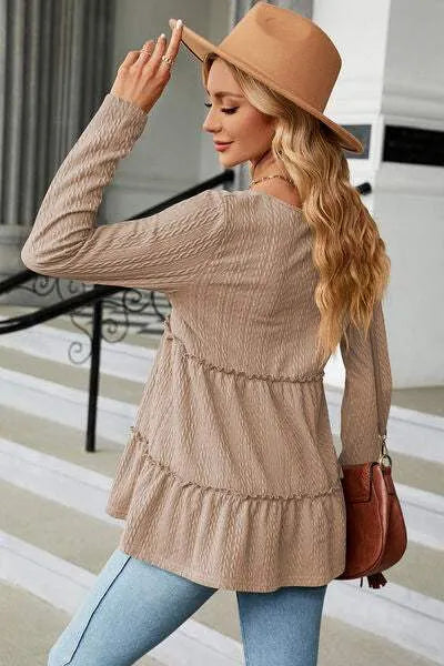 Frill V-Neck Long Sleeve T-Shirt Women's T-Shirts - Tophatter Daily Deals