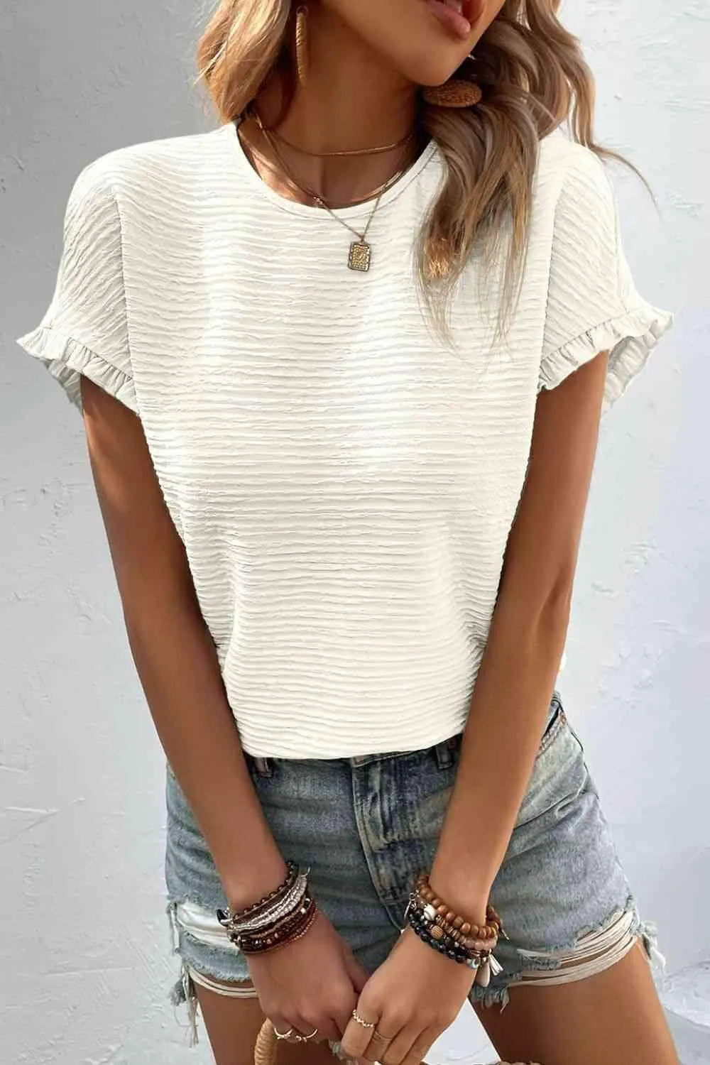 Textured Round Neck Short Sleeve Top White Blouses - Tophatter Daily Deals