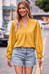 Swiss Dot Notched Neck Flounce Sleeve Blouse Mustard Blouses - Tophatter Daily Deals