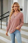 Decorative Button V-Neck Long Sleeve T-Shirt Dusty Pink Women's T-Shirts - Tophatter Daily Deals