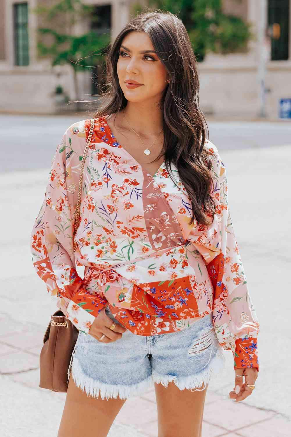 Floral Belted Surplice Blouse Floral Blouses - Tophatter Daily Deals