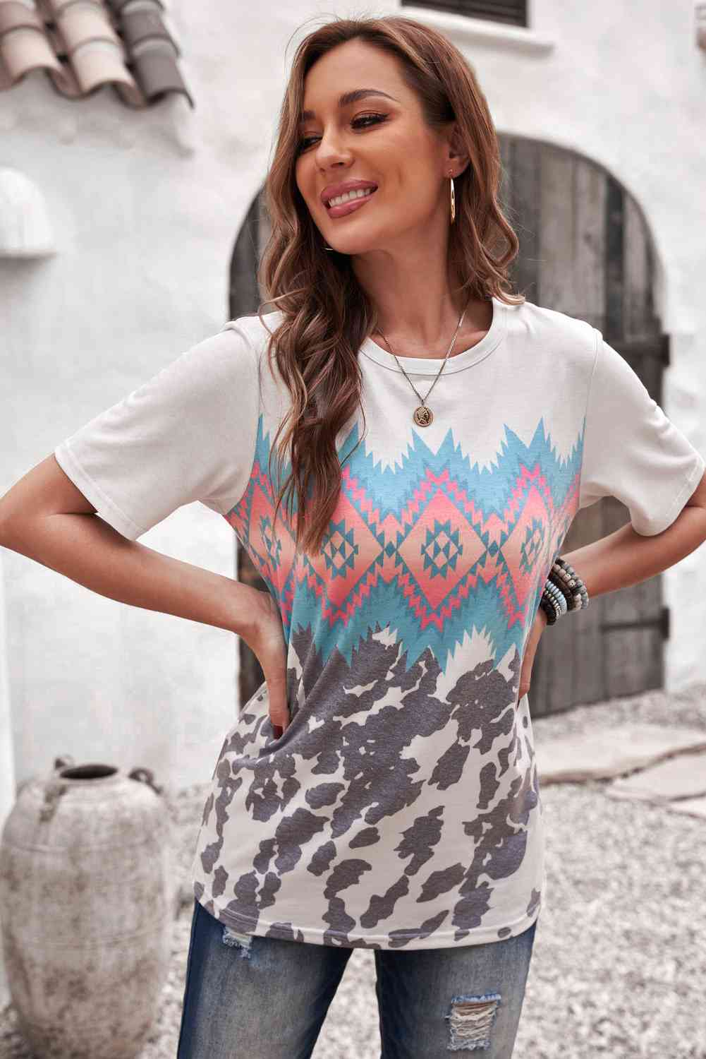 Printed Round Neck Tunic Tee Women's T-Shirts - Tophatter Daily Deals