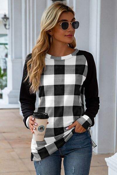 Plaid Round Neck Long Sleeve T-Shirt White Women's T-Shirts - Tophatter Daily Deals