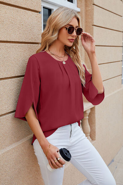 Round Neck Slit Half Sleeve Top Women's T-Shirts - Tophatter Daily Deals