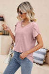 Eyelet Petal Sleeve V-Neck Knit Top Blouses - Tophatter Daily Deals