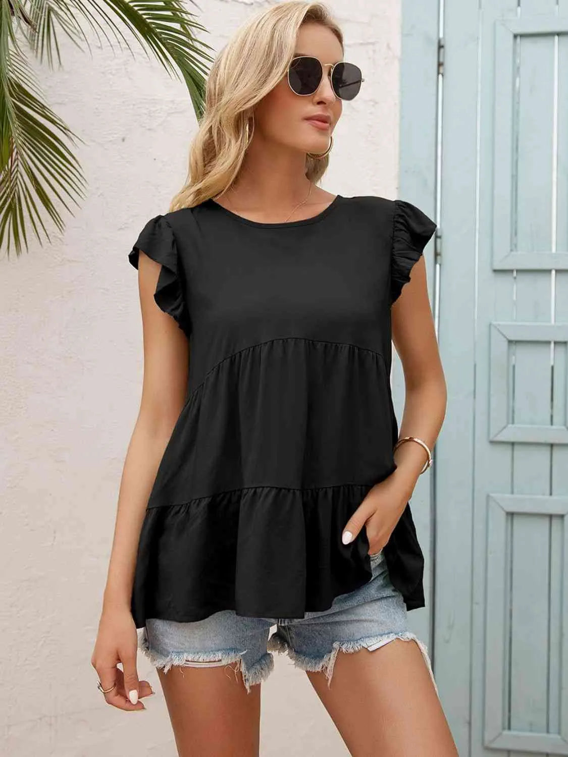 Round Neck Flutter Sleeve Tiered Blouse Black Blouses - Tophatter Daily Deals