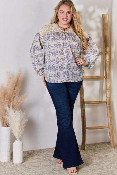 Hailey & Co Full Size Lace Detail Printed Blouse Blouses - Tophatter Daily Deals