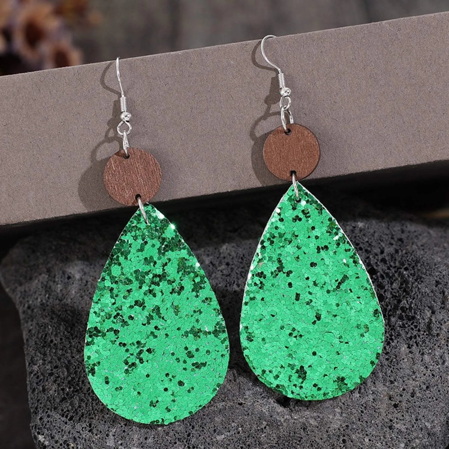 Sequin PU Leather Wooden Dangle Earrings Earrings - Tophatter Daily Deals