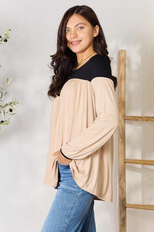 BOMBOM Contrast Long Sleeve Ruched Blouse Blouses - Tophatter Daily Deals