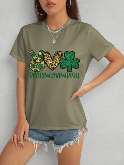 PEACE LOVE IRISH Round Neck Short Sleeve T-Shirt Army Green Women's T-Shirts - Tophatter Daily Deals