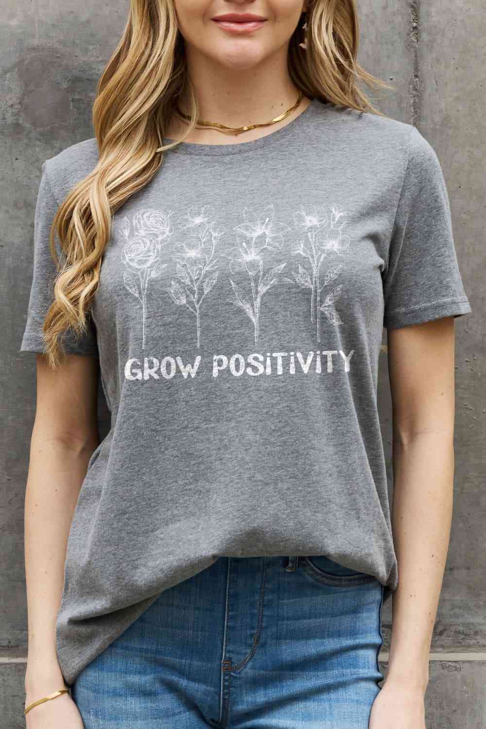 Simply Love GROW POSITIVITY Graphic Cotton Tee Charcoal Women's T-Shirts - Tophatter Daily Deals