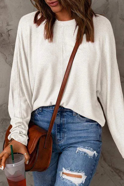 Seam Detail Round Neck Long Sleeve Top Women's T-Shirts - Tophatter Daily Deals