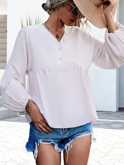 V-Neck Buttoned Balloon Sleeve Blouse White Blouses - Tophatter Daily Deals