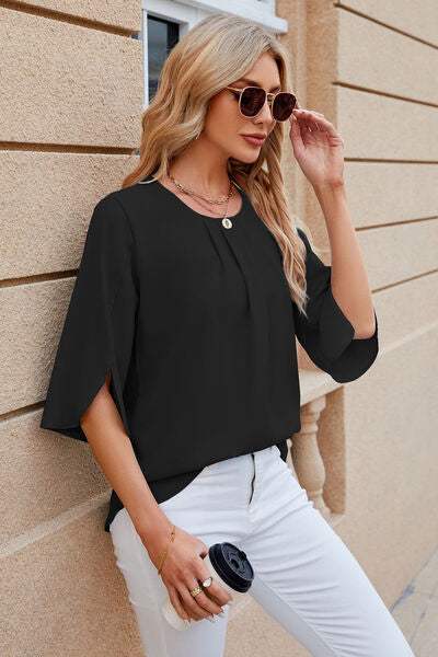 Round Neck Slit Half Sleeve Top Women's T-Shirts - Tophatter Daily Deals