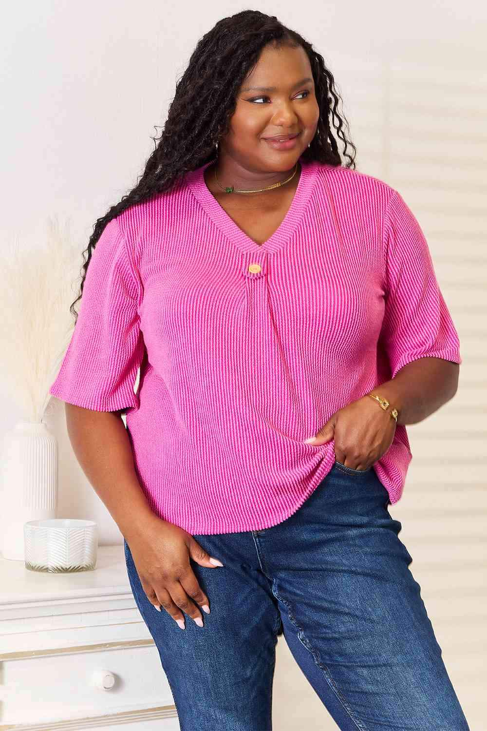 Sew In Love Full Size Ribbed V-Neck Short Sleeve Top Fuchsia Pink Blouses - Tophatter Daily Deals