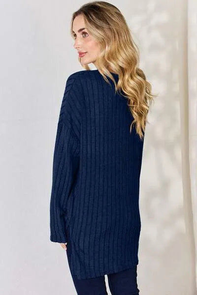 Basic Bae Full Size Ribbed Half Button Long Sleeve High-Low T-Shirt Women's T-Shirts - Tophatter Daily Deals
