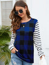 Plaid Striped Round Neck Long Sleeve T-Shirt Cobald Blue Women's T-Shirts - Tophatter Daily Deals