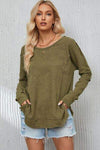 Mineral Washed Exposed Seam Round Neck Long Sleeve Blouse Moss Blouses - Tophatter Daily Deals