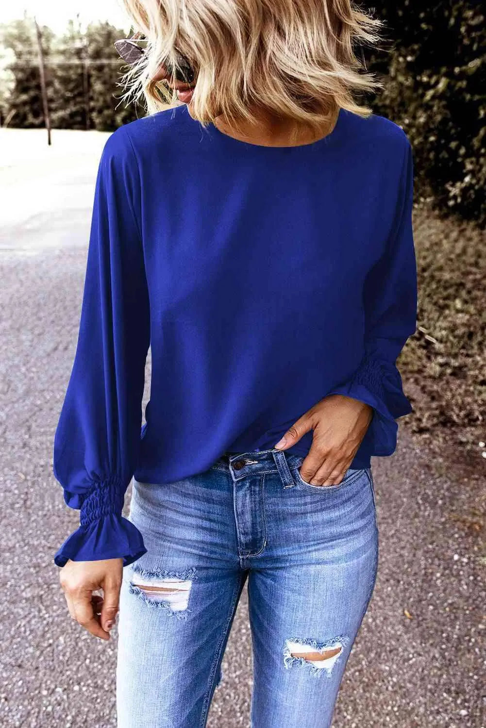 Round Neck Flounce Sleeve Top Blue Blouses - Tophatter Daily Deals