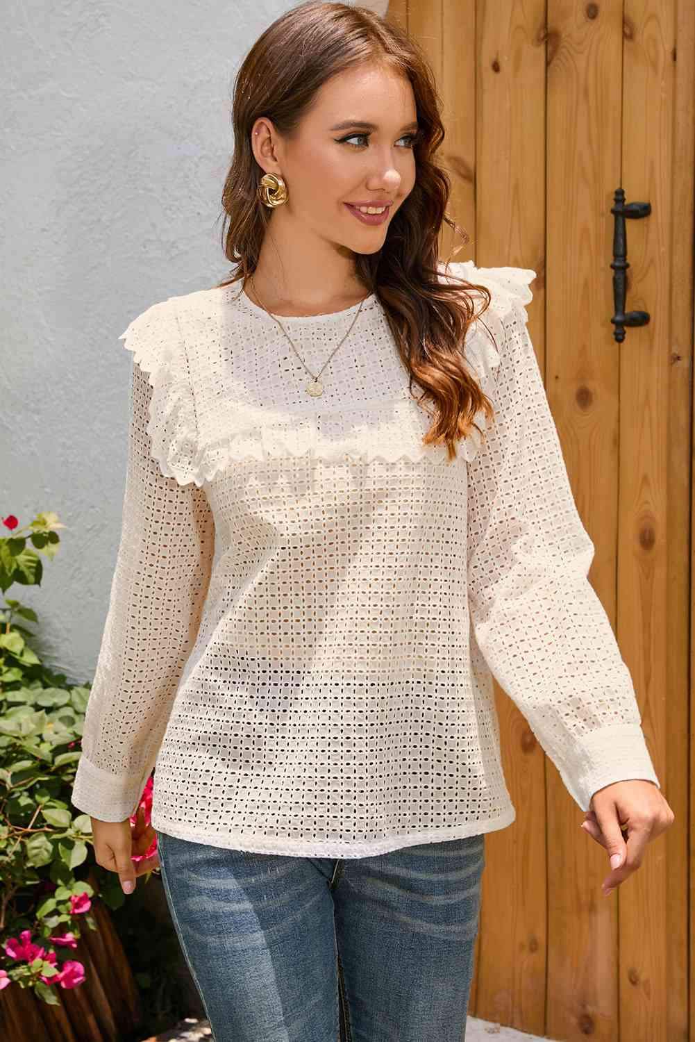 Double Take Ruffled Round Neck Eyelet Blouse Blouses - Tophatter Daily Deals