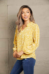 Double Take Printed Notched Neck Smocked Blouse Blouses - Tophatter Daily Deals