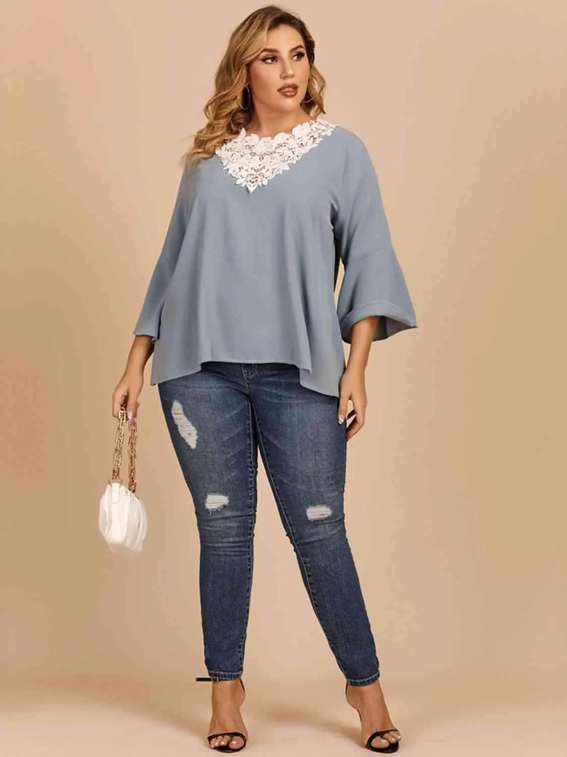 Plus Size Contrast Spliced Lace Three-Quarter Sleeve Blouse Blouses - Tophatter Daily Deals